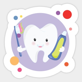 Clean Teeth With Smiling Happy Kawaii Cute Tooth Holding Toothpaste And Toothbrush Sticker